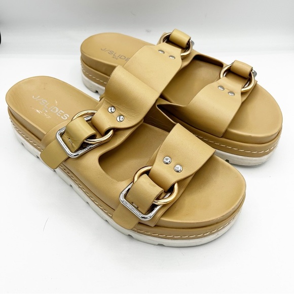 J Slides Baha Leather Chunky Platform Big Buckle Slide Tan Sandals Size 9 - Picture 2 of 8